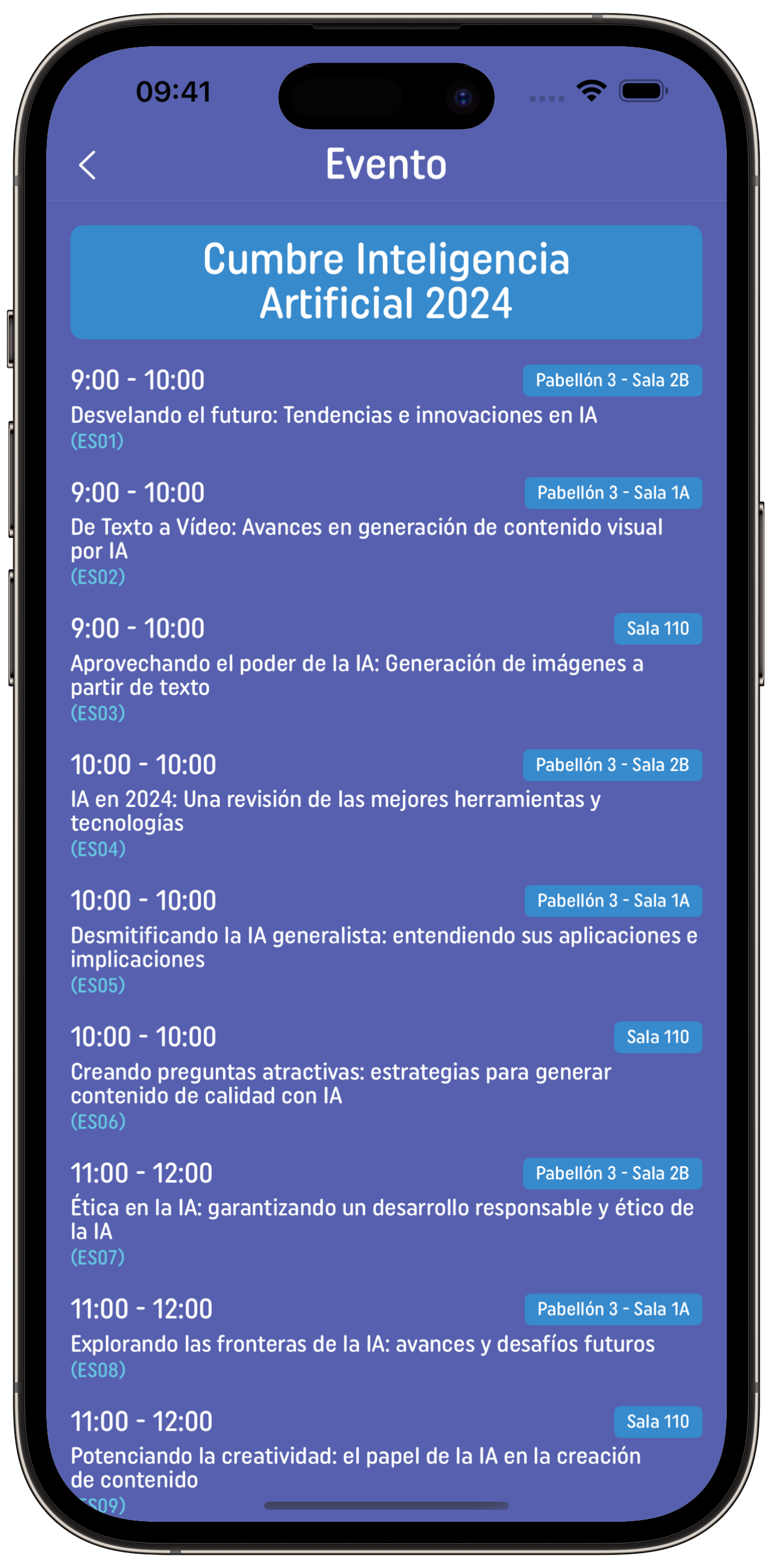 En la vista de moderador tenemos nuestro evento con un listado de charlas, su código para que puedan entrar los asistentes y la ubicación de las mismas. Se puede entrar en cualquiera de ellas.