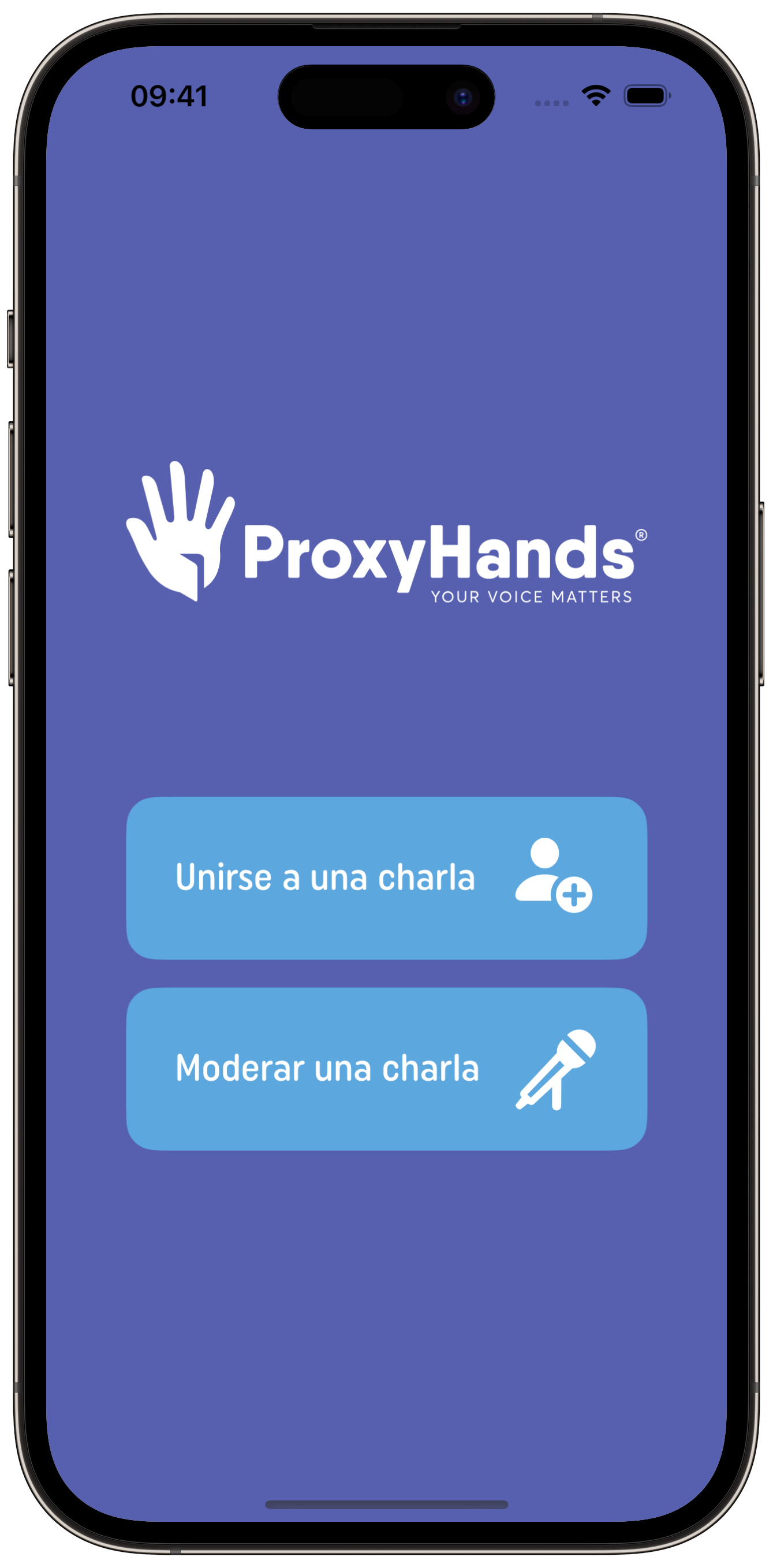 Inicio de la app donde tenemos 2 opciones, entrar a una charla con un código o moderar una charla